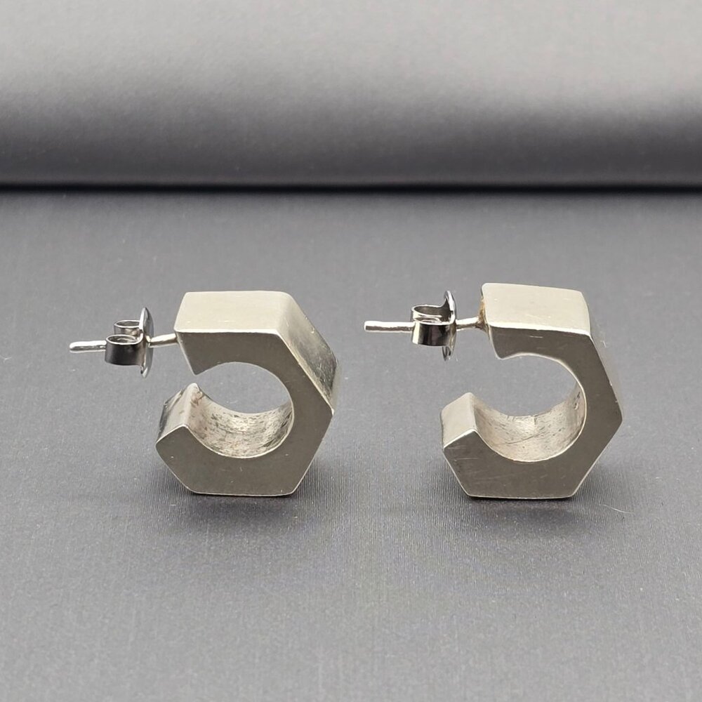 Sterling Silver Geometric C-Hoop Earrings Bold .75" Modern Hexagon Design - Picture 4 of 13